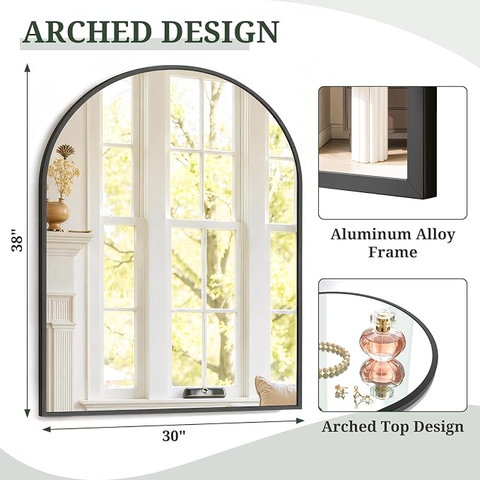 Arched Wall Mirror 38x30 Inch Black Bathroom Vanity Mirror with Metal Frame | Modern Arch Mirror for Bedroom, Living Room, Entryway, Wall Mounted Decorative Mirror