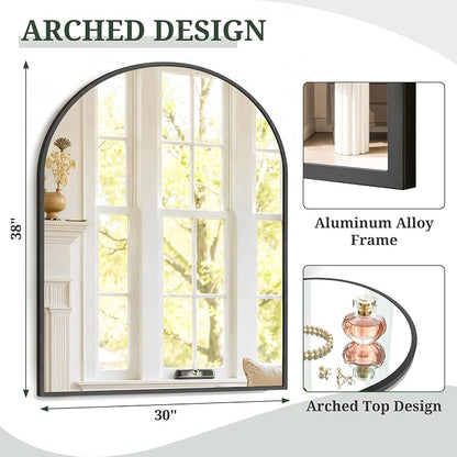 Arched Wall Mirror 38x30 Inch Black Bathroom Vanity Mirror with Metal Frame | Modern Arch Mirror for Bedroom, Living Room, Entryway, Wall Mounted Decorative Mirror