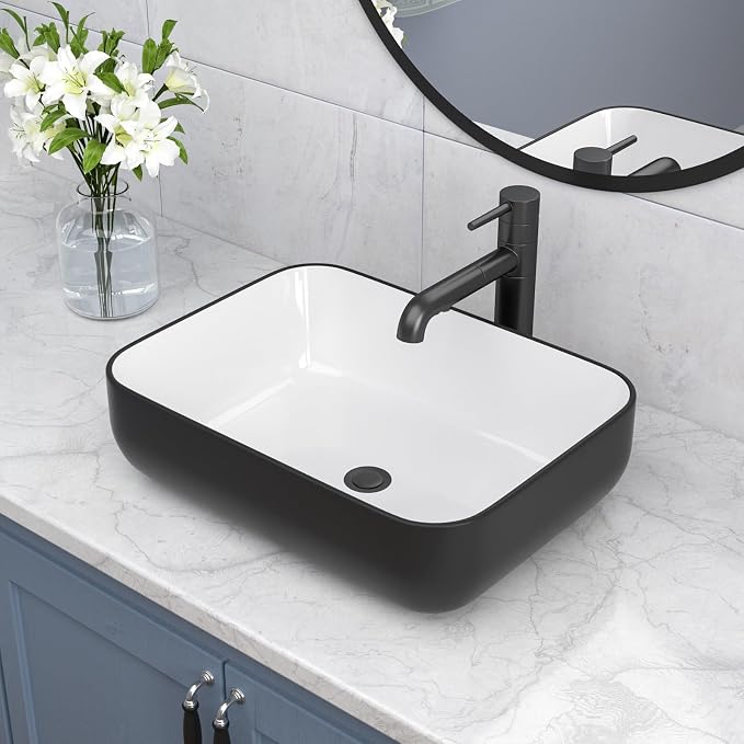 Ceramic Bathroom Sink Black and White 16" x 12" Above Counter Vessel Sink | Modern White Porcelain Ceramic Above Counter Vanity Sink Art Basin Rectangular Countertop Bathroom Vessel Sinks