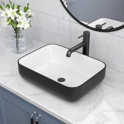 Ceramic Bathroom Sink Black and White 16" x 12" Above Counter Vessel Sink | Modern White Porcelain Ceramic Above Counter Vanity Sink Art Basin Rectangular Countertop Bathroom Vessel Sinks