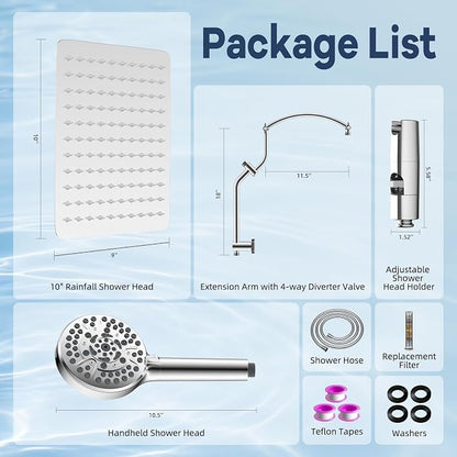 Hibbent 10'' All Metal Showerhead Combo & 10 Mode Filtered Handheld, Chrome | High Pressure Stainless Steel Showerhead, 4-way Diverter, Heightened All Metal Extension Arm, 71'' Hose & Holder, Easy Reach
