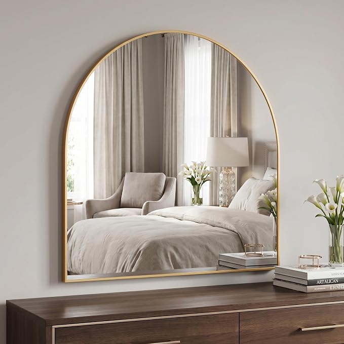 BEAUTYPEAK 28"x26" Arch Bathroom Wall Mirror, Gold | Wall Mounted Vanity Metal Frame Mirror for Bedroom, Entryway, Living Room, Fireplace