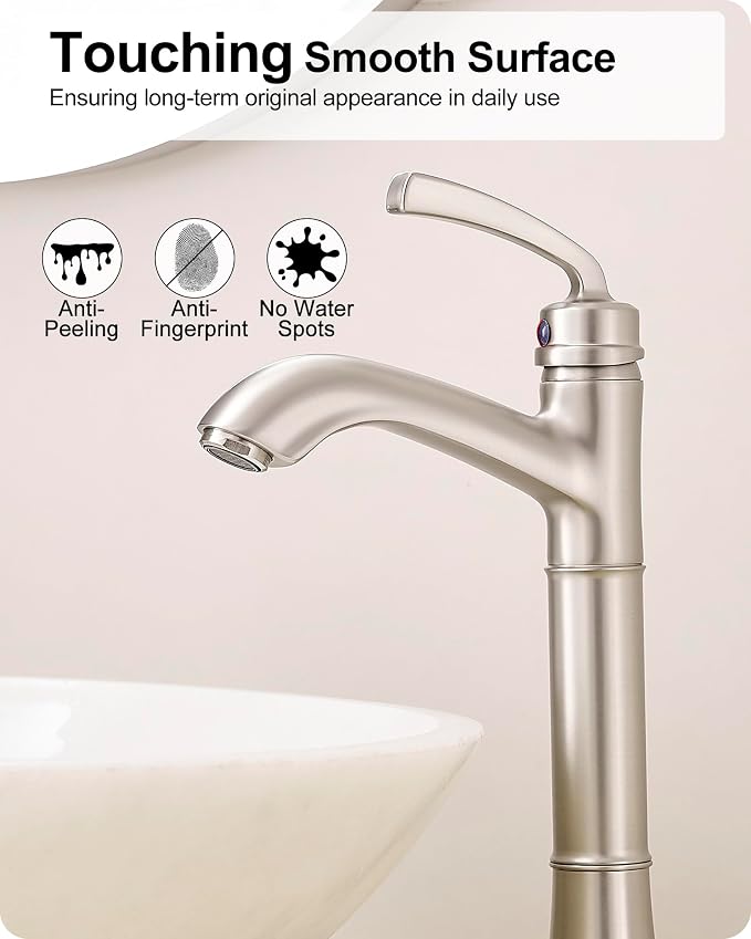 Brass Vessel Sink Faucet Brushed Nickel, Single Handle Tall Faucet for Bathroom Sink One Hole with Pop-Up Drain & Water Hoses, Save Water