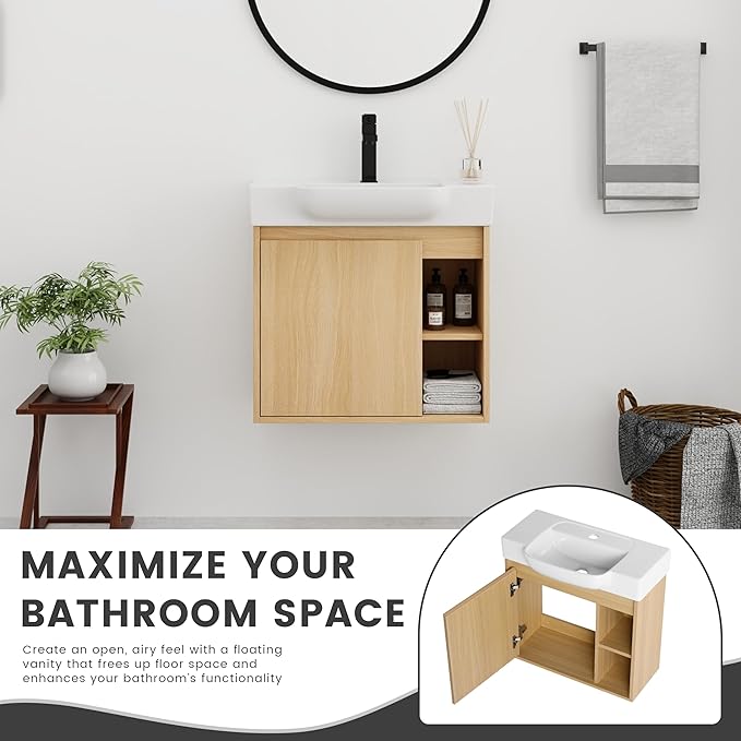 24 Inch Floating Vanity,24" Bathroom Vanity with Sink Combo,Modern Single Sink Bathroom Vanity Combo,Oak Wall Mounted Cabinet Set