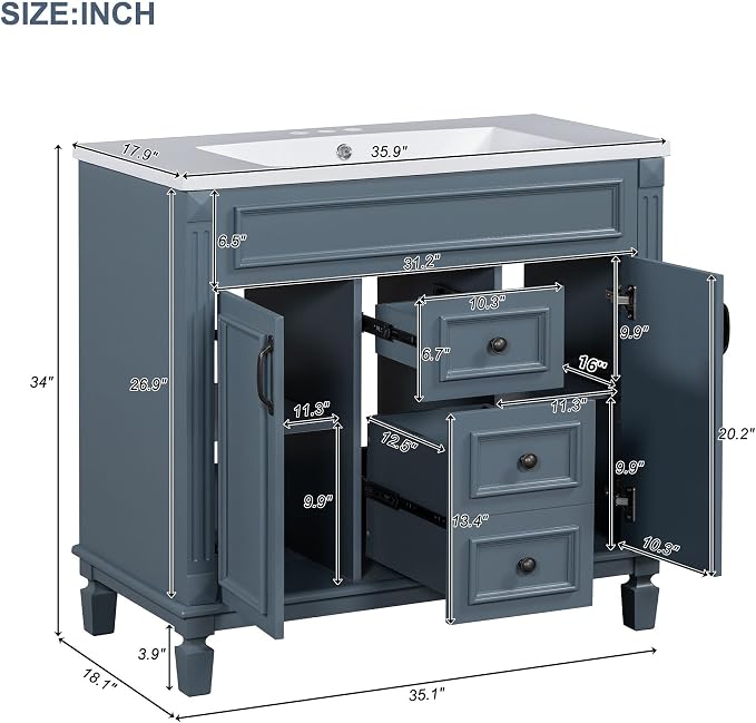 36" Bathroom Vanity with Top Sink, Mirror Cabinet, Modern Bathroom Storage Cabinet with 2 Soft Closing Doors and 2 Drawers, Single Sink Bathroom Vanity