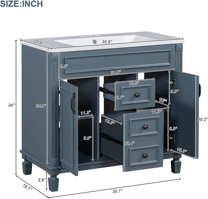36" Bathroom Vanity with Top Sink, Mirror Cabinet, Modern Bathroom Storage Cabinet with 2 Soft Closing Doors and 2 Drawers, Single Sink Bathroom Vanity
