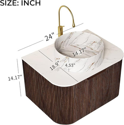 LKTART 24 Inch Floating Bathroom Vanity with Sink, Modern Wall Mounted Bathroom Storage Cabinet with Drawer, Stone Pattern Round White Ceramic Sink Top and Marble Texture Top, Walnut