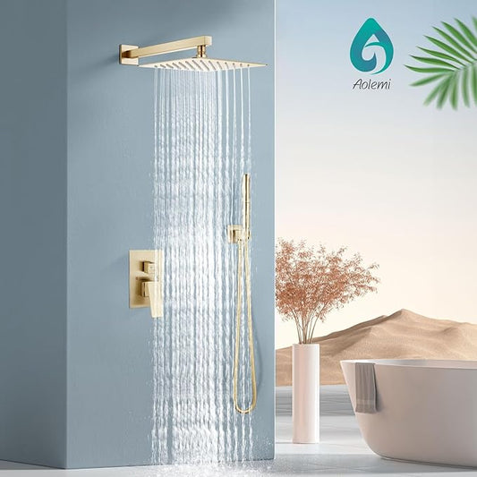 Aolemi Shower System with Rainfall Shower Head and Handheld Wall Mount,High Pressure Shower Faucet Set Fixture Combo with 2 in 1 Handheld Spray Rough-in Valve,12 Inch Shower Head Brushed Gold