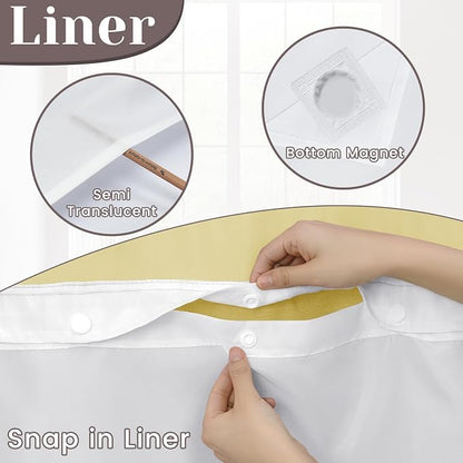 SORTTO No Hook Slub Shower Curtain with Liner, 71x74, Yellow | Snap in Liner, 3 in 1, Bamboo Texture, Hotel Style, Waterproof Fabric, Mesh Top Window, Corner Magnets, Machine Washable
