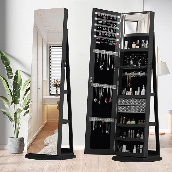 Jewelry Armoire with Full Length Mirror - 360° Swivel Standing Floor Mirror Jewelry Cabinet, Lockable Storage Organizer, 3 Shelves & Drawers,Tall Mirror with Storage for Women (Black)