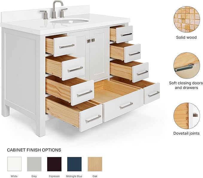 ARIEL Cambridge 42-inch Bathroom Vanity with Sink,Solid Wood, 1.5-inch Pure White Quartz Countertop & Backsplash, Single Oval Porcelain Sink, 2 Soft Closing Doors, 9 Dovetail Drawers, White
