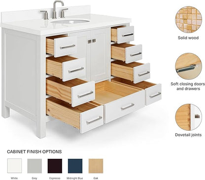 ARIEL Cambridge 42-inch Bathroom Vanity with Sink,Solid Wood, 1.5-inch Pure White Quartz Countertop & Backsplash, Single Oval Porcelain Sink, 2 Soft Closing Doors, 9 Dovetail Drawers, White