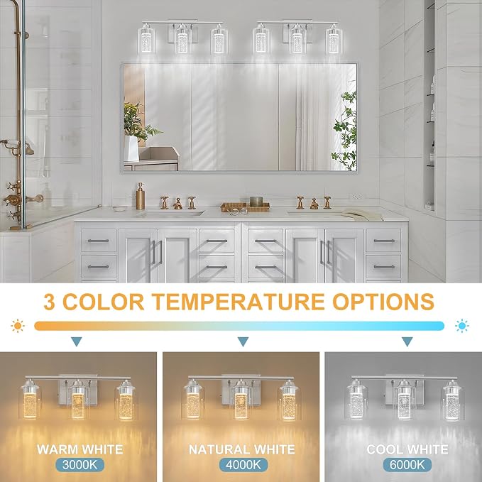 3-Light Brushed Nickel Bathroom Vanity Light with 3 Color Modes (3000K/4000K/6000K), Dimmable Modern Wall Light Over Mirror with Clear Glass Shade