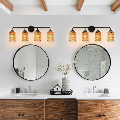Bathroom Vanity Light, 4-Lights Boho Bathroom Light Fixtures Over Mirror with Rustic Handwoven Shades 30 inch Farmhouse Wall Sconce Lighting