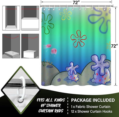 Gradient Green Ocean Cartoon Flower Shower Curtain Set 72x72 Inches | Vibrant Gradient Ocean Floral Print, Playful Underwater Decor, Fits Home Bathroom, Nice Gift for Kids and Animation Lovers