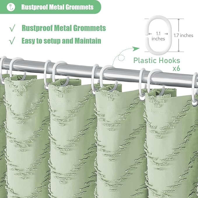 Stall Boho Shower Curtain Tufted Chevron 36"x72" Sage Green | Narrow Half Size, Elegant Tassel, Lightweight Textured Fabric, Water Repellent, Washable, for Small Bathroom/Dorm 6 Hooks