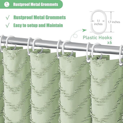 Stall Boho Shower Curtain Tufted Chevron 36"x72" Sage Green | Narrow Half Size, Elegant Tassel, Lightweight Textured Fabric, Water Repellent, Washable, for Small Bathroom/Dorm 6 Hooks