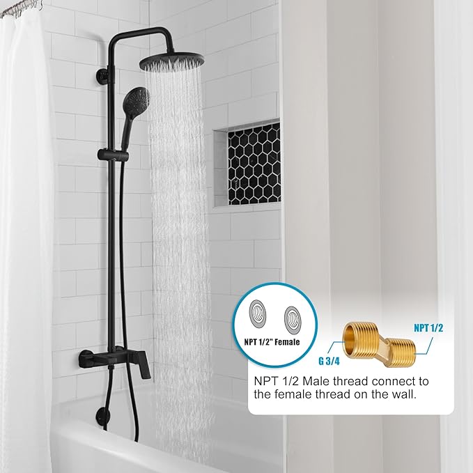 gotonovo Matte Black Exposed Shower Fixture Faucet Set Triple Function 8 Inch Rainfall Showerhead and Tub Spout Shower System Combo Unit, Multi Functional ABS Handheld