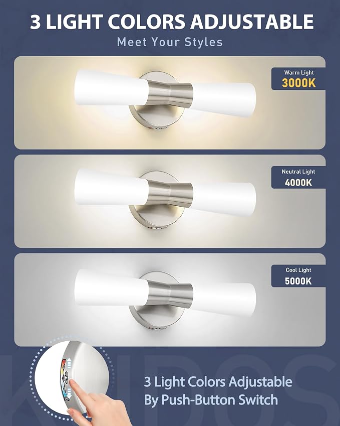 kudos 16 Inch Brushed Nickel Vanity Lights, Milk White Glass, KDVL13-BN | LED, 14W, 1100 Lumens, 3000K, 4000K and 5000K Selectable, Hardwired,for Bathrooms and Bedrooms