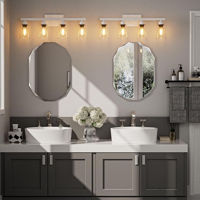 Lightdot 4 Light Bathroom Vanity Light, 26.5" White Bathroom Light Fixtures with Clear Glass Waterproof Shades, Rust-Proof Modern Vanity Lights Over Mirror for Kitchen Hallway Cabinet Porch