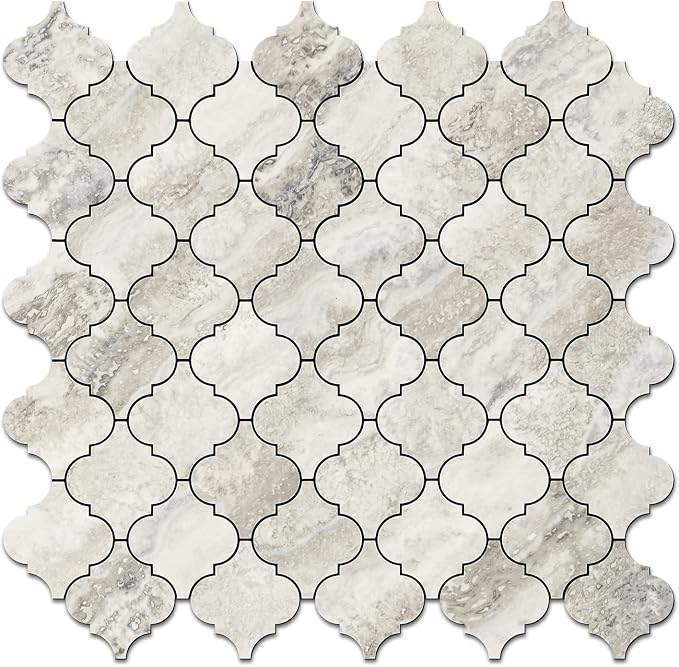 STICKGOO Arabesque Peel and Stick Backsplash Tile, Stick on Backsplash for Kitchen and Bathroom, Beige Marble Look PVC Mixed Metal Aluminum Mosaic Tiles (10 Sheets)
