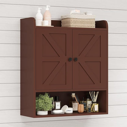 EasyCom 22" W x 26" H Bathroom Wall Cabinet, Farmhouse Medicine Cabinet with Adjustable Shelves and Double Barn Doors, Over The Toilet Storage Cabinet for Bathroom, Kitchen, Living Room, Russet
