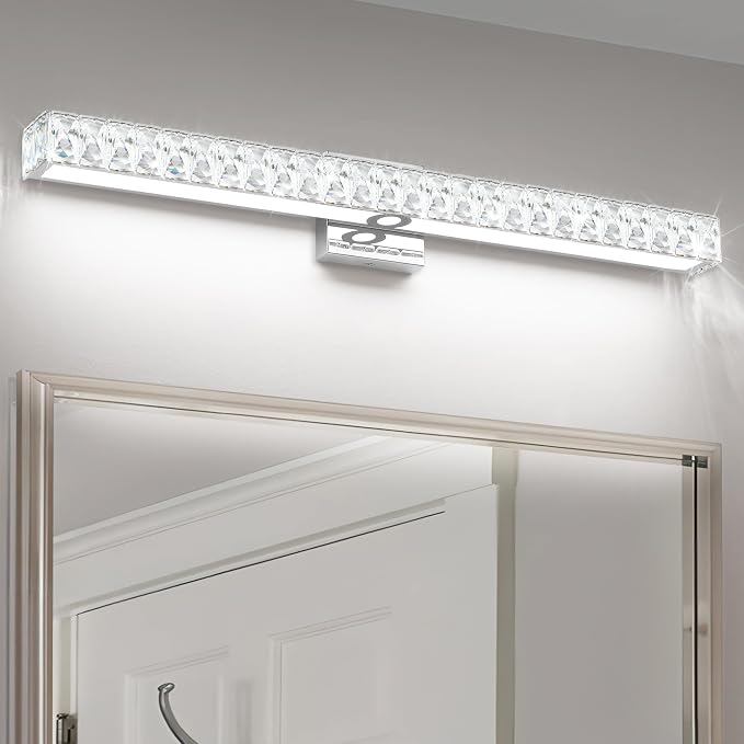 SOLFART Bathroom Vanity Lighting, Crystal Bathroom Light Fixtures Over Mirror LED Lights for Restroom, 32.5 Inch Chrome Light Over Mirror