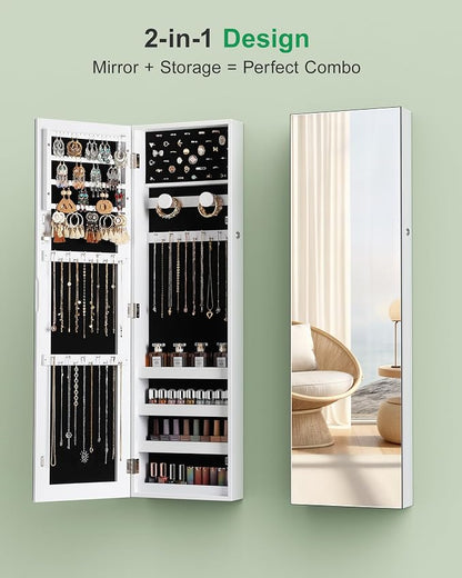 Nicetree Hanging Jewelry Cabinet, Jewelry Organizers and Storage, White | Lockable Jewelry Armoire Organizer, Over the Door Mirror with Jewelry Storage, Full Length, Gift Idea, Easy Assembly
