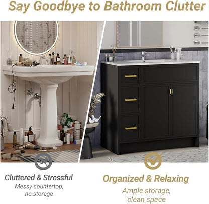 36 Inch Freestanding Bathroom Vanity with Sink, Shaker Style Black Cabinet with 3 Drawers & Double Doors, Waterproof Lacquer Finish, Ideal for Master Bathroom & Family Home