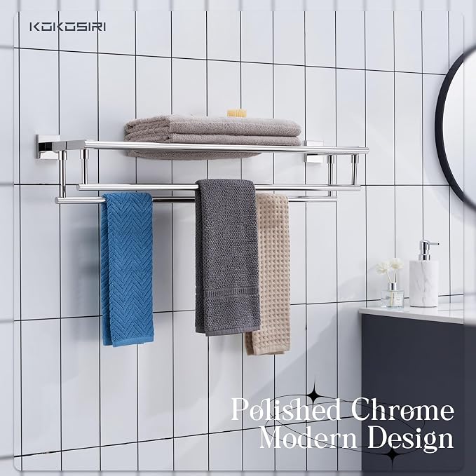 KOKOSIRI Bathroom Towel Rack Towel Holder 32 Inches Bath Towel Shelf with Double Towel Bars Wall Mounted, Polished Chrome Stainless Steel B6005CH-L32