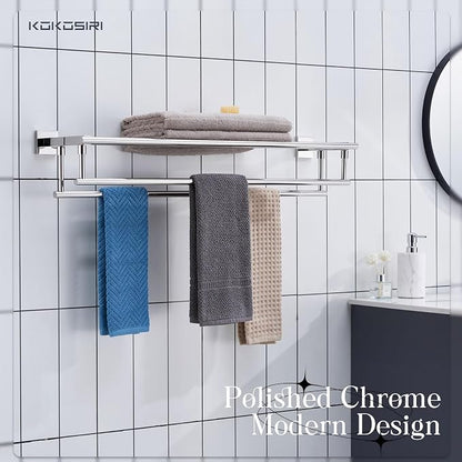 KOKOSIRI Bathroom Towel Rack Towel Holder 32 Inches Bath Towel Shelf with Double Towel Bars Wall Mounted, Polished Chrome Stainless Steel B6005CH-L32