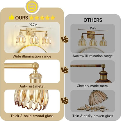 Bathroom Vanity Light 3 Light, 20 in Brushed Brass Bathroom Light Fixtures, Vintage Wall Sconces,Bath Vanity Lights Over Mirror with Amber Tulip Glass Shade for Bedroom Living Room,E26 Base