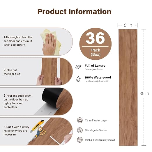 INMOZATA 36 Pack Peel and Stick Vinyl Flooring Waterproof Floor Tile | 54 Sq.Ft, Heat-resistant, Wood Grain Self Adhesive Flooring for DIY Bedroom Living Room Bathroom Kitchen (Smoked Brown)