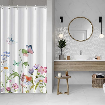 AWERT Small Half Size Stall Shower Curtain with 6 Hooks 36 inch Shower Stall Curtain 36 x 72 Butterfly Wildflowers for Bathroom/RV and Camper (Butterfly)