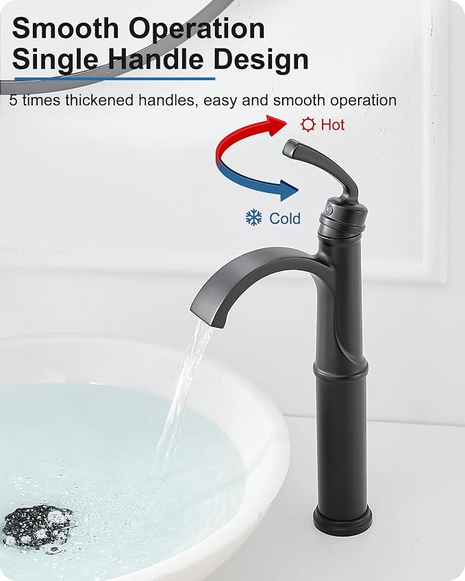 Waterfall Vessel Faucet, Tall Bathroom Faucet Black, Brass Vessel Sink Faucets Bathroom Sink Faucet One Hole Single Handle with Supply Hoses Pop-up Drain