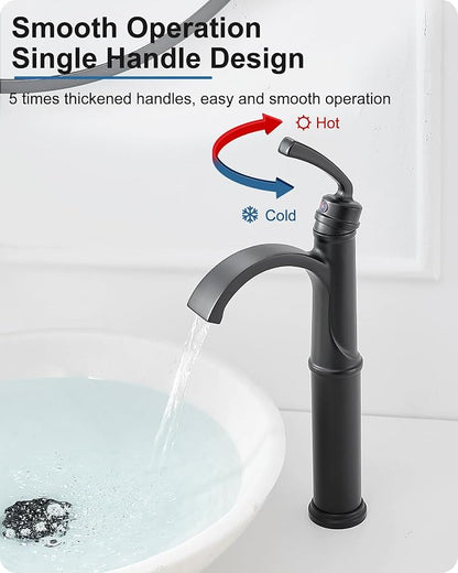 Waterfall Vessel Faucet, Tall Bathroom Faucet Black, Brass Vessel Sink Faucets Bathroom Sink Faucet One Hole Single Handle with Supply Hoses Pop-up Drain