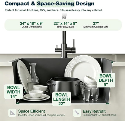 24x18x9 Inch Kitchen Sink, for Modern Kitchen/RV/Outdoor Sink | 304 Stainless Steel Single Bowl, 2-Hole Drop In Installation, R10 Tight Corner, Black