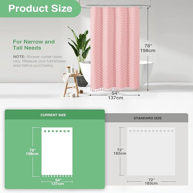 Dynamene Stall Fabric Shower Curtain, 54x78 Inch Boho Tufted Chevron Striped Shower Curtains for Bathroom, Minimalist Heavy Duty Cloth Shower Curtain Set with 10 Hooks, Machine Washable, Pink