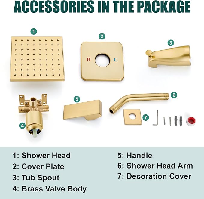 Heyalan 6 Inch Shower Faucet Set with Tub Spout and Valve, Brushed Gold | 6-inch square rainfall head, tub spout with diverter, male-thread rough-in valve, single-handle control and wall-mount design