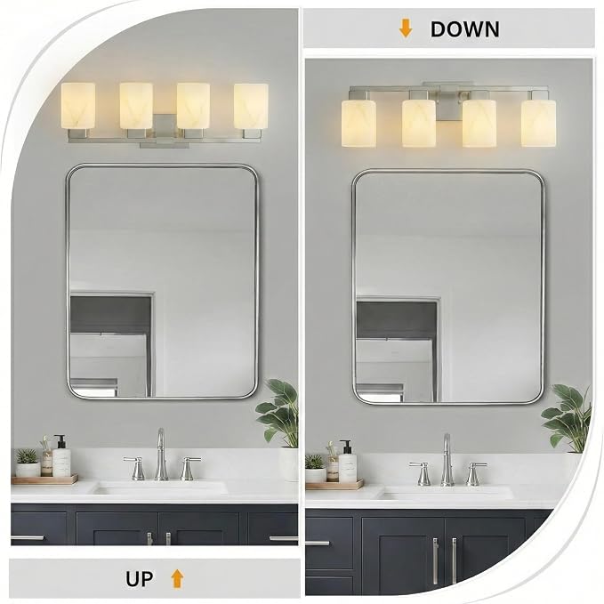 4-Light Square Bathroom Light Fixture, Brushed Nickel Modern Vanity Light with White Marble Glass Shade, for Bathroom Mirror, Living Room, Bedroom, Hallway, E26 Base