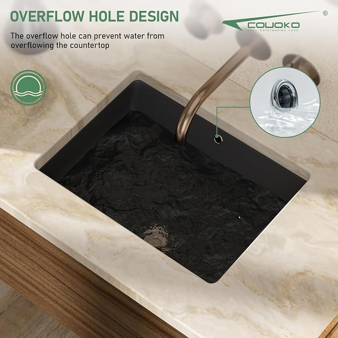 18x14 Inch Black Rectangle Undermount Bathroom Sink | Interior Bowl Size 16"W x 12"D, Ceramic, Curved Bottom, Easy to Clean, with Overflow, Ideal for Bathroom, Lavatory, Vanity