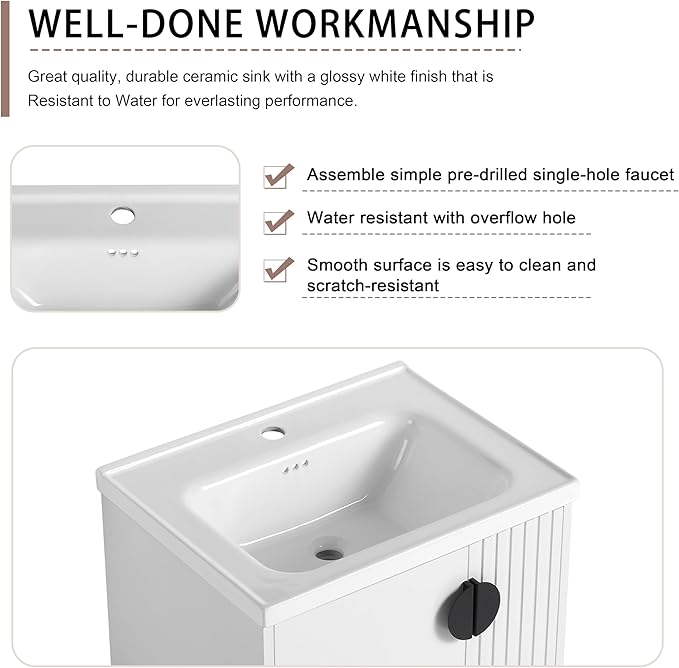 SSLine 24" Wall-Mount Bathroom Vanity Modern Floating Bathroom Vanity Set with Ceramic Sink Basin & Storage Cabinet 24-Inch Luxury White Small Bathroom Vanities with Round Metal Handles
