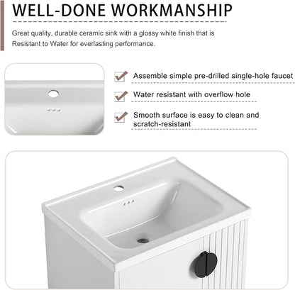 SSLine 24" Wall-Mount Bathroom Vanity Modern Floating Bathroom Vanity Set with Ceramic Sink Basin & Storage Cabinet 24-Inch Luxury White Small Bathroom Vanities with Round Metal Handles