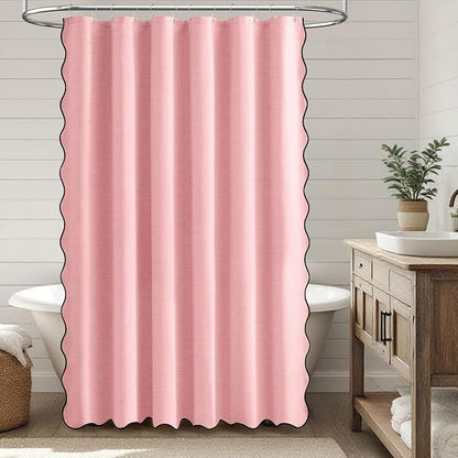 BTTN 72x80 Boho Scalloped Linen Textured Cloth Shower Curtain Set, Pink | Long Size, 230GSM Waterproof Polyester, Heavy Duty Fabric, 12 Plastic Hooks, Elegant Modern Farmhouse Style, Machine Washable