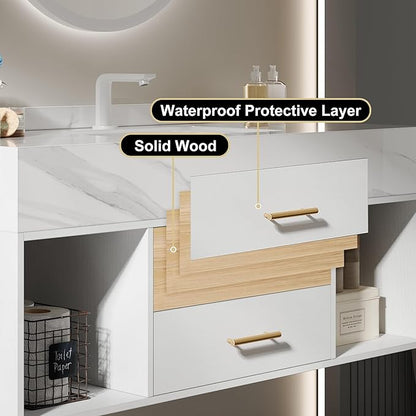 homary 39.4" Floating Bathroom Vanity with Sink, Modern Wall-Mounted Vanity Bathroom Cabinet with Sintered Stone Countertop, Undermount Sink & White, 2 Open Storage Shelves
