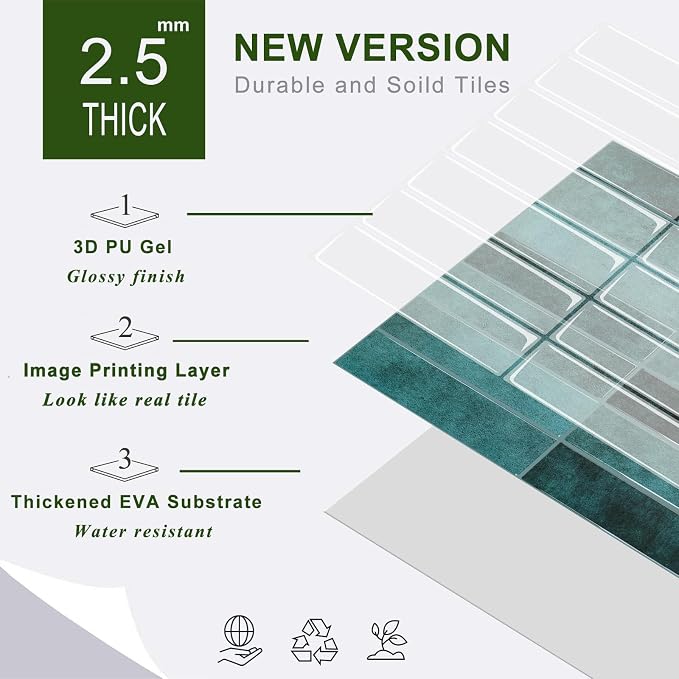 STICKGOO 10-Sheet Peel and Stick Backsplash Tile(Thicker Design) | Self Adhesive Vinyl Wall Tiles, 3D DIY Subway Tiles, Stick on Backsplash for Kitchen and Bathroom(Blue)