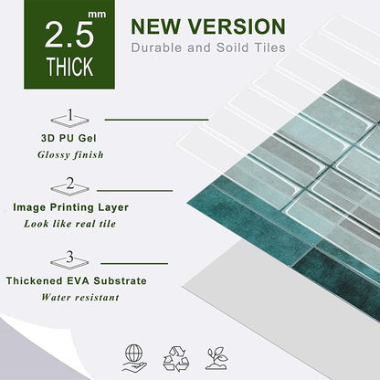 STICKGOO 10-Sheet Peel and Stick Backsplash Tile(Thicker Design) | Self Adhesive Vinyl Wall Tiles, 3D DIY Subway Tiles, Stick on Backsplash for Kitchen and Bathroom(Blue)
