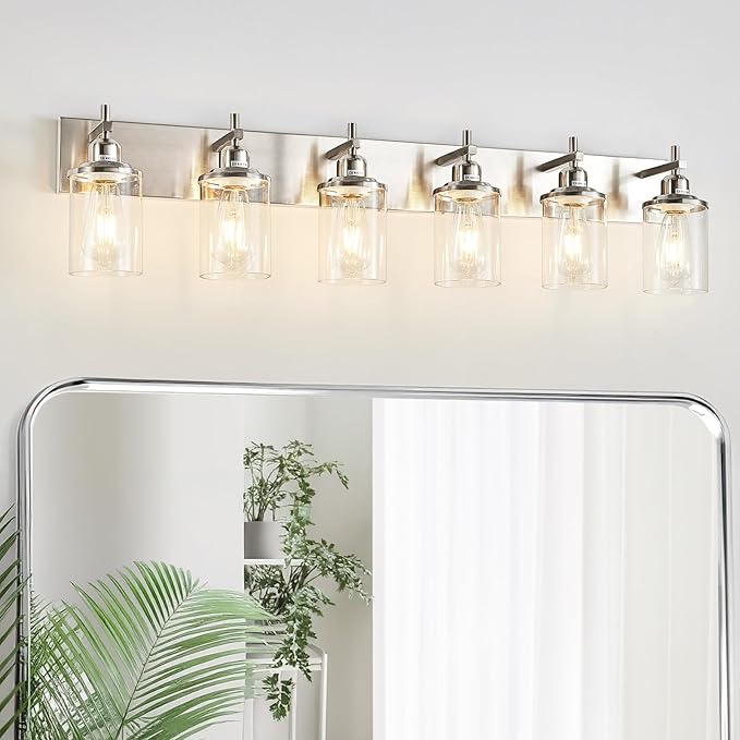 6-Light Brushed Nickel Bathroom Light Fixture Over Mirror Modern Bathroom Vanity Light Vintage Wall Lighting with Clear Glass Shade for Bathroom, Bedroom, Hallway, Cabinet