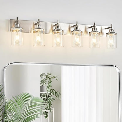 6-Light Brushed Nickel Bathroom Light Fixture Over Mirror Modern Bathroom Vanity Light Vintage Wall Lighting with Clear Glass Shade for Bathroom, Bedroom, Hallway, Cabinet