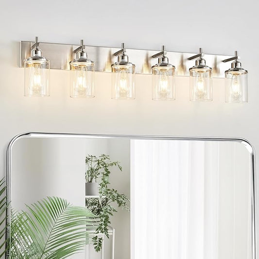 6-Light Brushed Nickel Bathroom Light Fixture Over Mirror Modern Bathroom Vanity Light Vintage Wall Lighting with Clear Glass Shade for Bathroom, Bedroom, Hallway, Cabinet